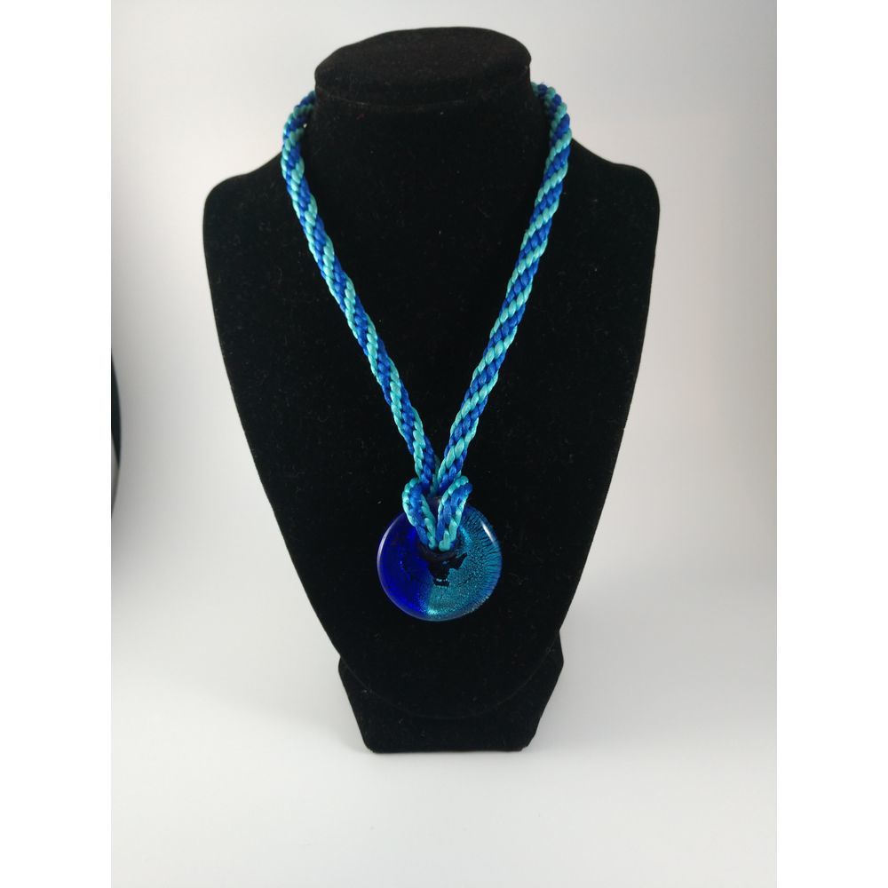 Kumihimo braided necklace with blue glass pendant